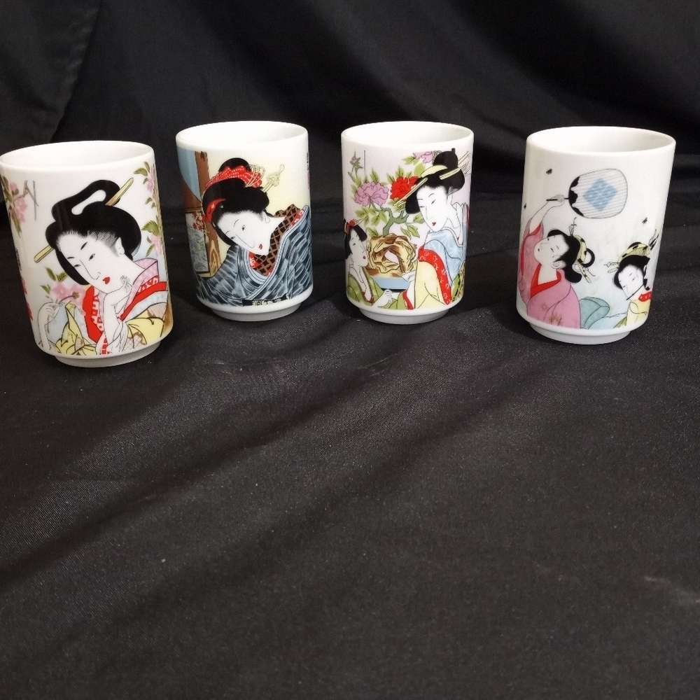 Geisha Porcelain Tea Cups Set of 4 Japan 10Oz No Handles 4 Designs